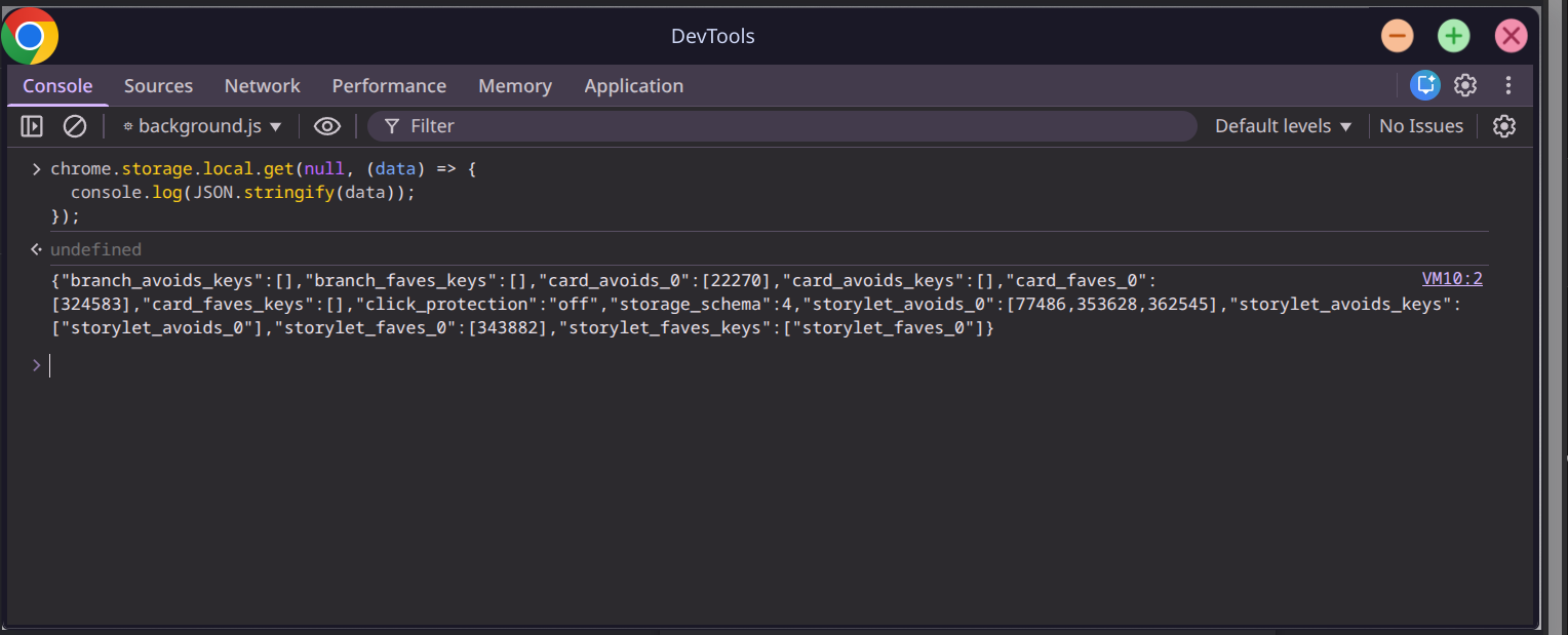 DevTools Console showing JSON output from the export script