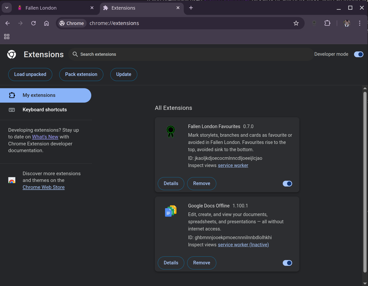 Chrome extensions page with Service Worker link