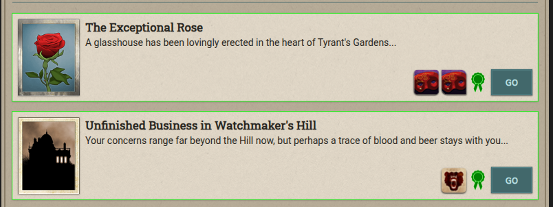 Favourite storylets highlighted in green