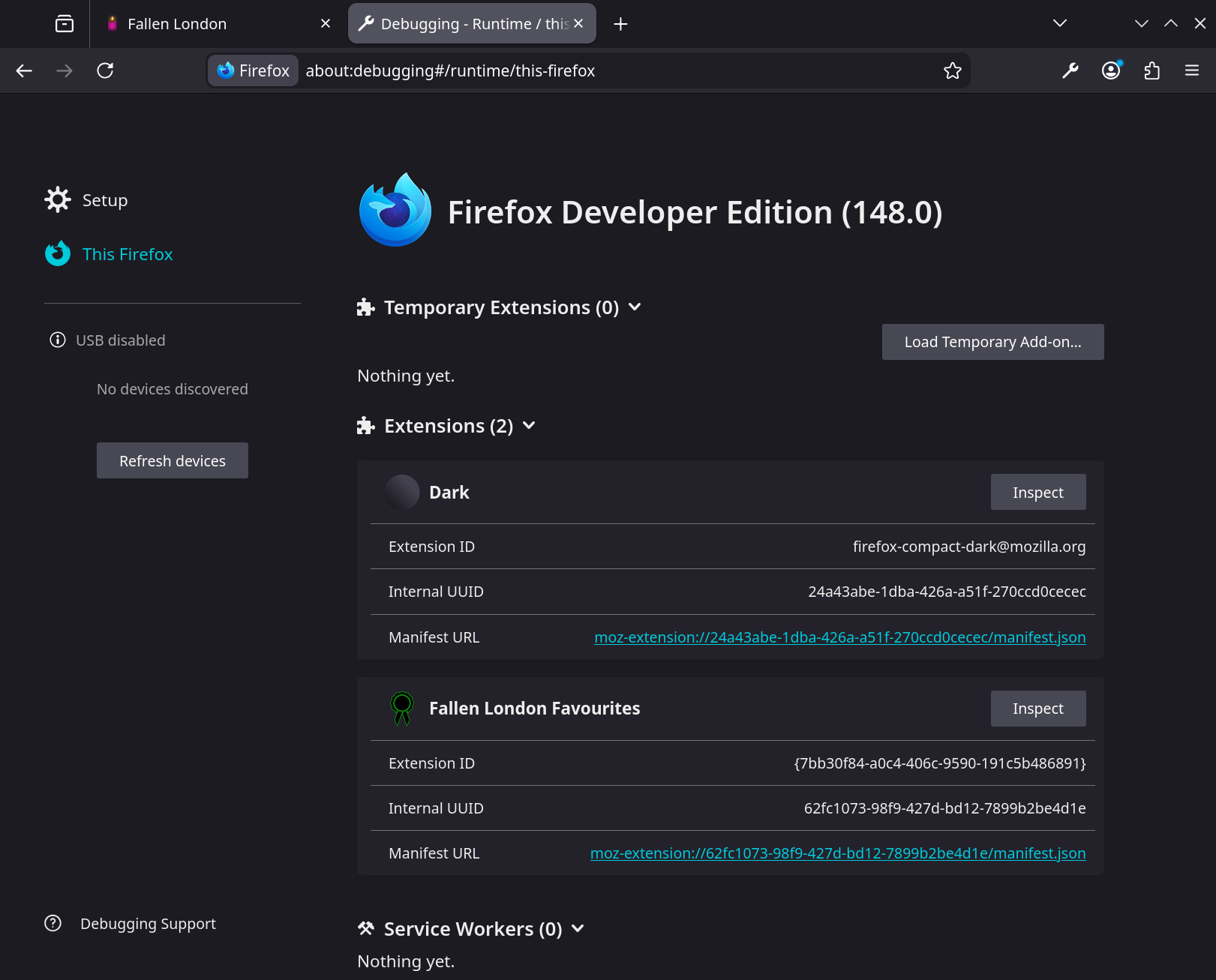 Firefox about:debugging page with Inspect button