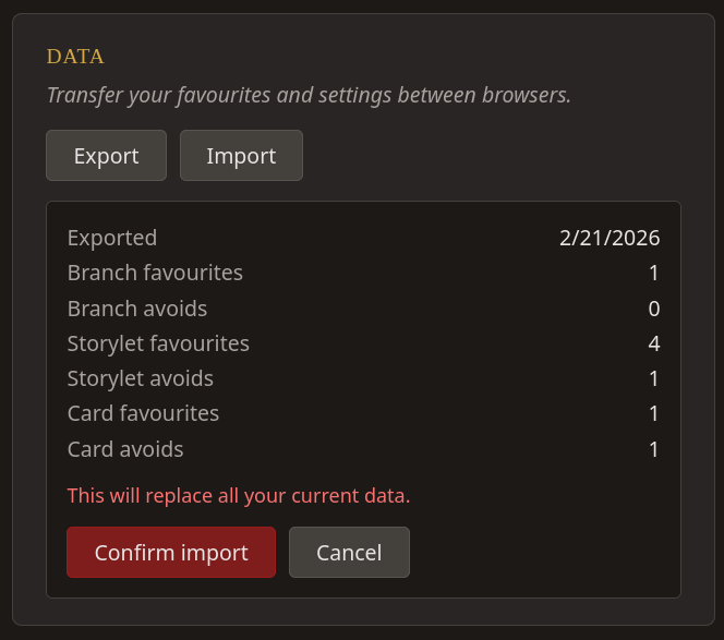 Import preview showing item counts and confirmation buttons